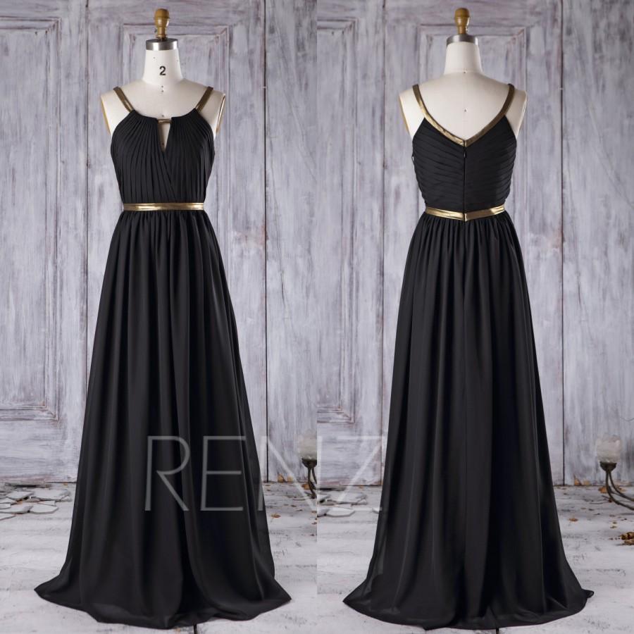 Hochzeit - 2016 Black Chiffon Bridesmaid Dress Long, A Line Wedding Dress, Gold Belt Formal Dress, V Back Maxi Dress, Prom Dress Floor Length (C015)
