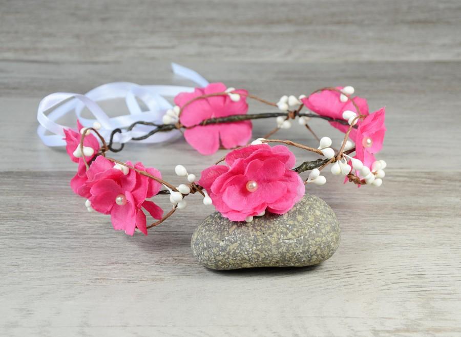 Mariage - Bridal  Flower hair, wedding accessories, wedding headpiece, Headband, head wreath, wedding crown, hot pink flowers, woodland, rustic