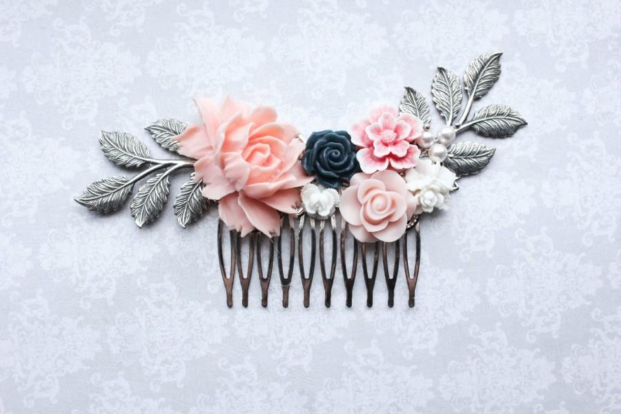 Wedding - Pink Rose Comb Silver Branch Bridal Comb Something Blue Navy Blue Rose Peach Pink Wedding Floral Hair Comb Garden Wedding Rustic Boho Chic