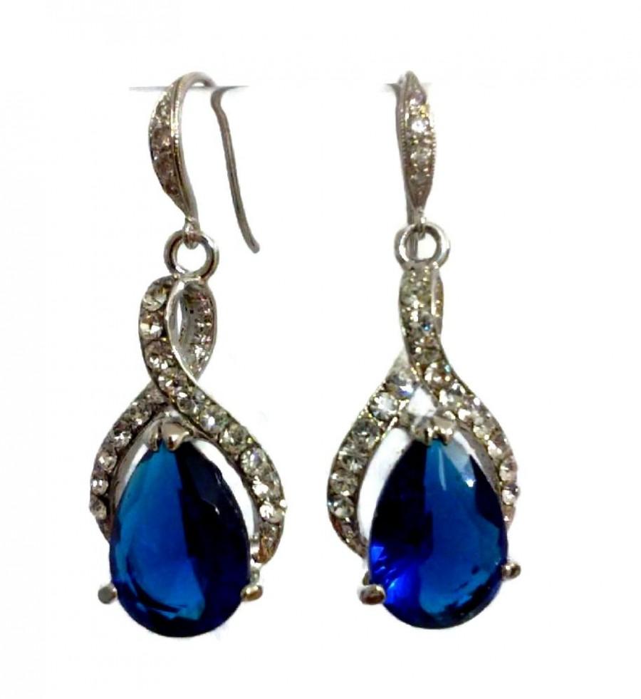 Mariage - Something Blue Bridal Earrings, Sapphire Wedding Jewelry, Blue Bridal Jewelry, Cz Teardrop Wedding Earrings, September Birthstone, TWIRL