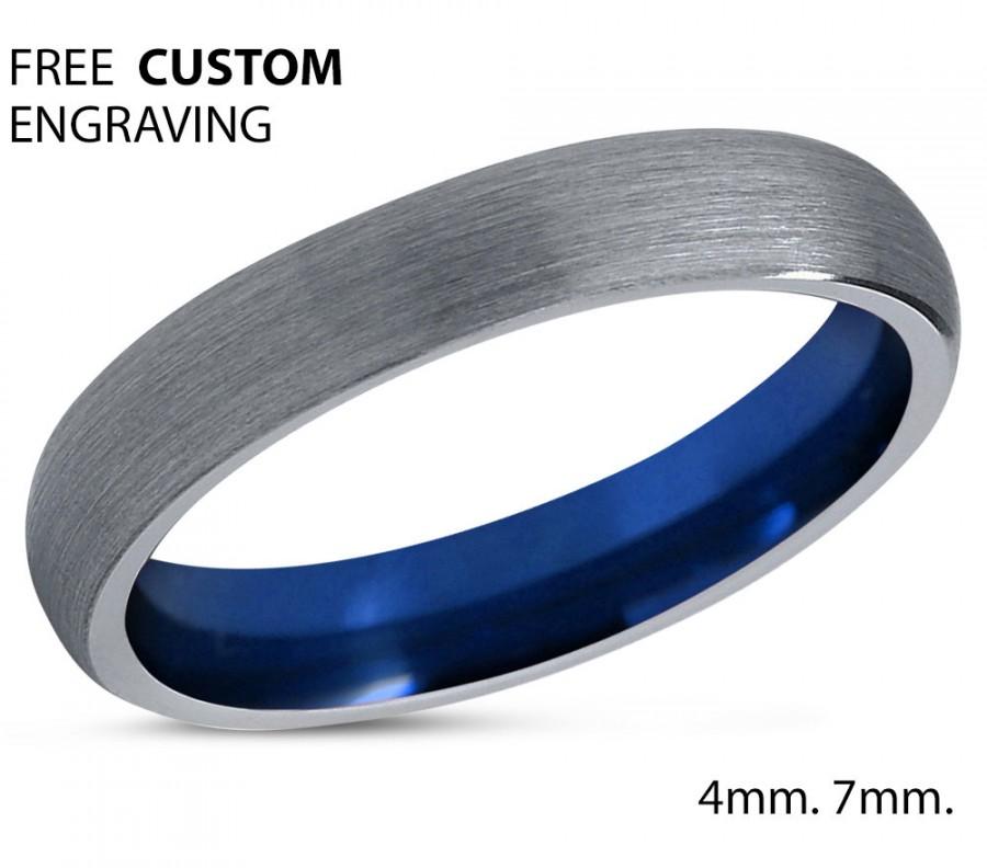 Свадьба - Blue Tungsten Ring Mens Silver Grey Wedding Band Tungsten Ring Tungsten Carbide 4mm Tungsten Man Wedding Male Women Anniversary Matching