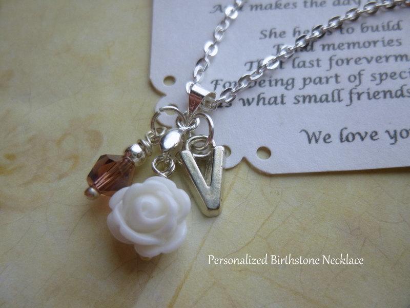 Wedding - Personalized Rose Birthstone Jewelry, Personalized Birthstone Necklace, Birthstone Necklace, Flower Girl Necklace, Flower Girl Jewelry