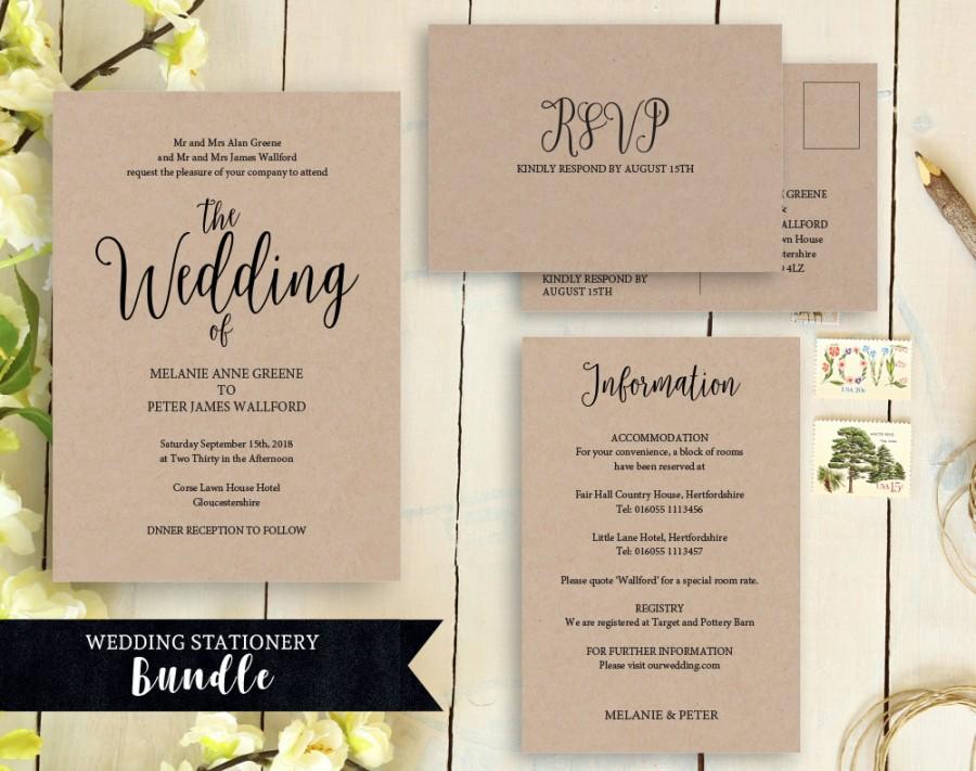 Hochzeit - Wedding Invitation Template, Kraft Invitation, Rustic Wedding Invitation, Wedding Invitation Printable, Wedding Invitation Set, DIY Wedding