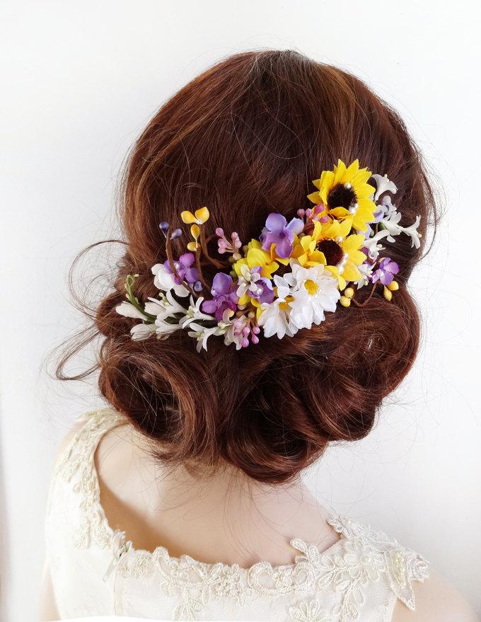 Wedding - sunflower hair clip, bridal hair clip, sunflower wedding hair piece, bridal hair comb, bridal headpiece, yellow and purple hair flowers