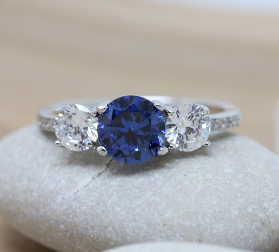 زفاف - London blue topaz and lab diamond Solid Sterling Silver Trilogy 3 stone Ring - engagement ring - wedding ring