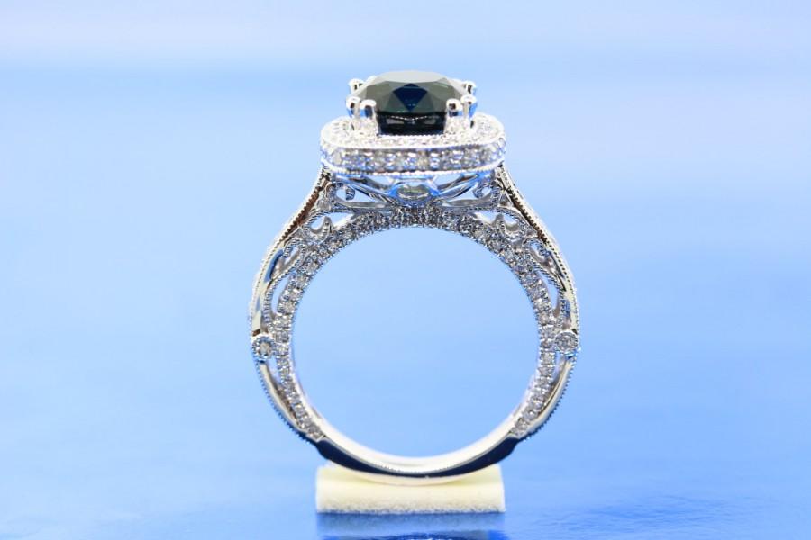 زفاف - GIA Certified Natural Dark Bluish Green Unheated and Untreated 3.39ct Round Sapphire, Vintage Inspired 18k White Gold  Engagement Ring.