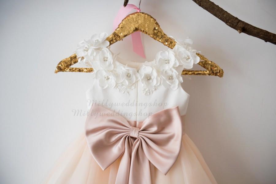 Hochzeit - Ivory Satin Beaded Lace Champagne Tulle Flower Girl Dress Wedding Bridesmaid Dress M0043