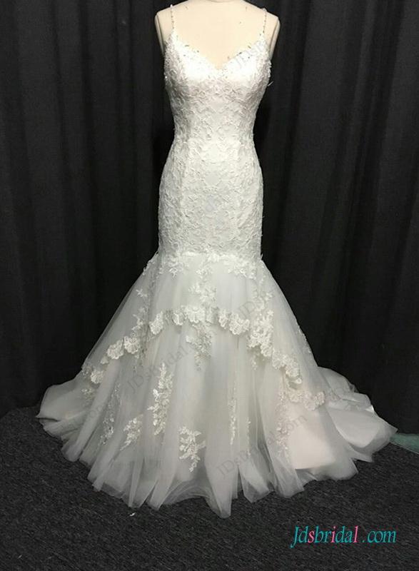 Wedding - H1283 Beaded spaghetti straps lace mermaid wedding dress