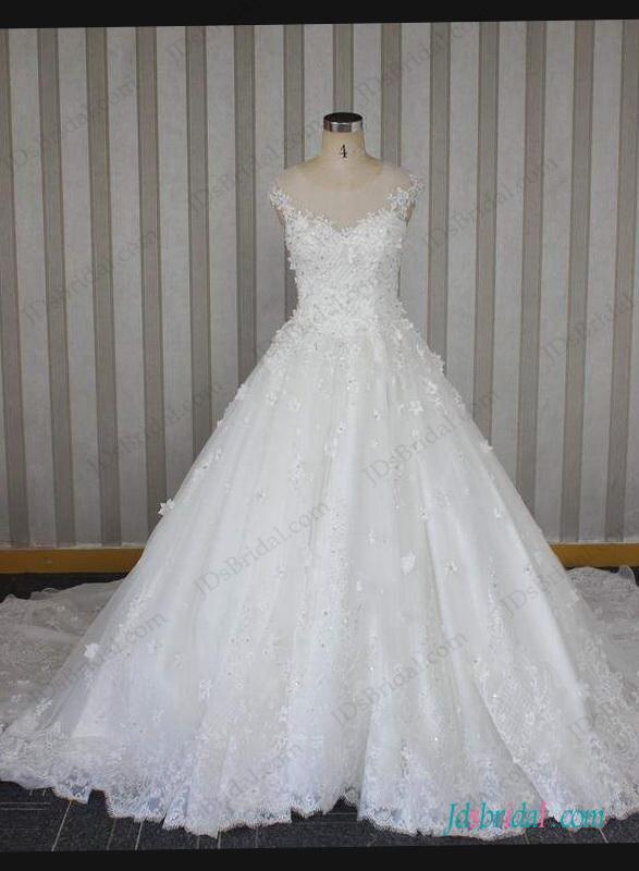Wedding - H1284 Sparkly beaded florals sheer top ball gown wedding dress