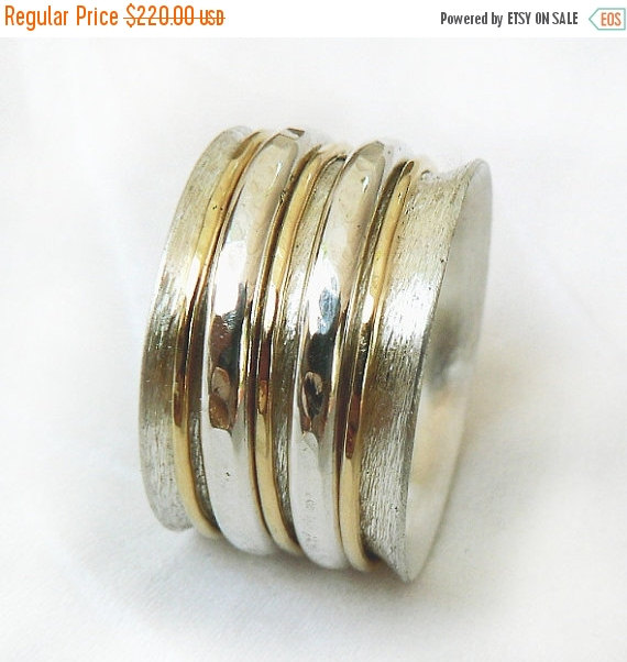 Mariage - SALE Distinctive wide spinner ring, worry ring, sterling silver with three yellow gold spinner hoops and two thicker silver hoops, Ilan Amir