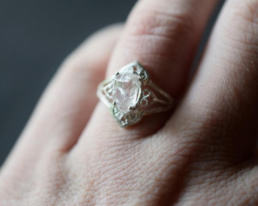 زفاف - MADE TO ORDER Oval Art Deco Diamond Engagement Ring Unique Delicate Engagement Ring Rough Diamond Solitaire Sterling Silver Filigree Size 7