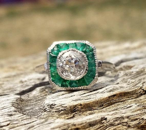 Wedding - Art Deco Engagement Ring 2.25ct Old European Cut Diamond Emerald Unique Engagement Ring Vintage Antique Engagement Ring Platinum