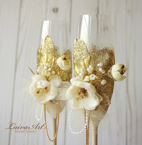Mariage - Gold and Ivory Wedding Champagne Flutes Wedding Champagne Glasses Toasting Flutes Gold Wedding Gatsby Style Wedding Set of 2