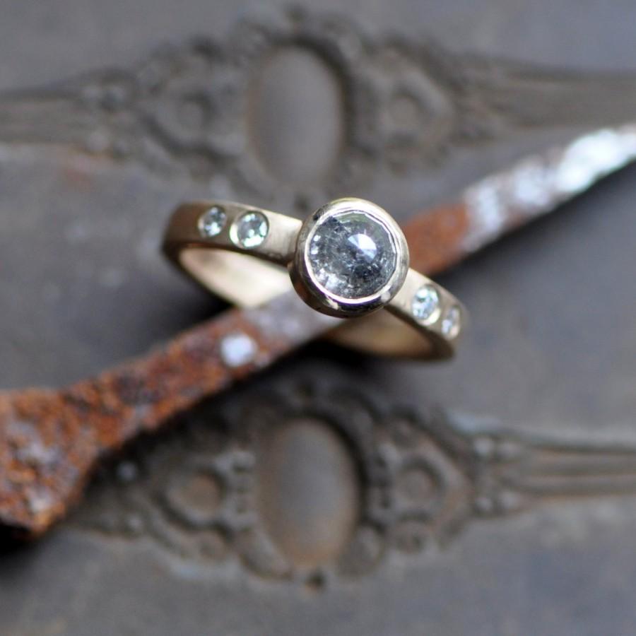 زفاف - rose cut diamond ring with flush set brilliant cut diamond, 14k gold engagement ring, April birthstone