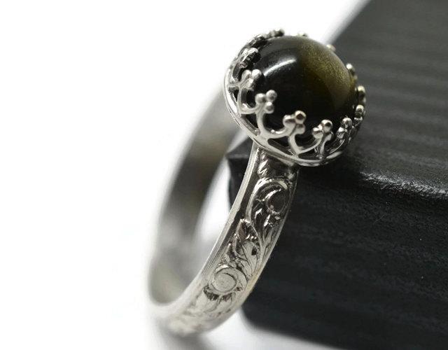 زفاف - Golden Obsidian Ring, Silver Renaissance Ring, Obsidian Jewelry, Natural Gemstone Jewelry