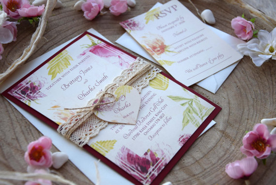 Свадьба - Watercolor Wedding Invitation, Burgundy Wedding Invite, Lace Floral Wedding Invitation, Romantic Rustic Spring Wedding Invite - SAMPLE