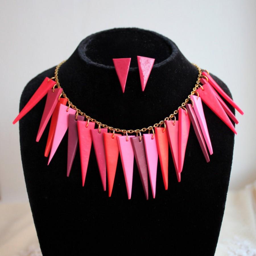 Wedding - Jewelry set of necklace and stud earrings, Spike necklace, Pink spike necklace, Gradient pink purple spike, Rocker jewelry, Grunge jewelry