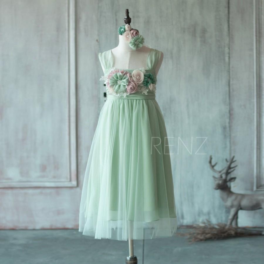Hochzeit - 2016 Dusty shale Junior Bridesmaid Dress, Double Straps Flower Girl Dress, Tea length, Floral Headdress(ZK019)