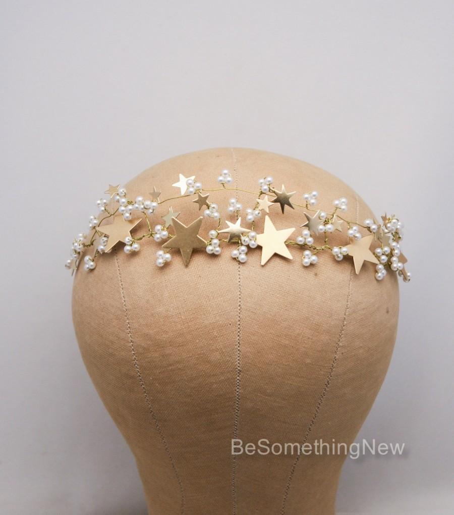 Wedding - Rustic Gold Wedding Crown Woodland Wedding Headpiece with Vintage Stars and Pearls, Celestial Wedding Boho Wired Gold Tiara Hair Accessory