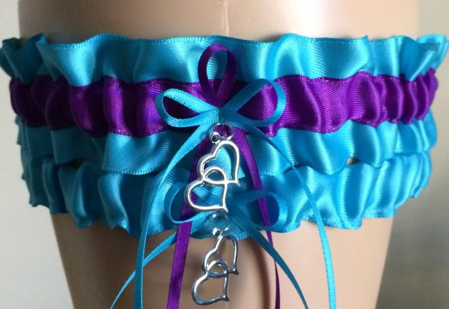 Mariage - Turquoise and Purple Wedding Garter Set, Bridal Garter Set, Prom Garters, Weddings, Personalized Garters, Bridal Shower Gift