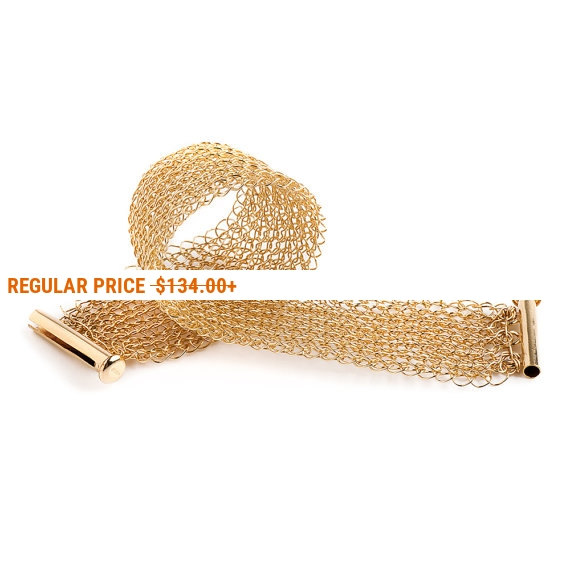 Wedding - SALE 20% OFF - Knit Narrow gold cuff bracelet, Wire crocheted bracelet, Knitted gold cuff,  Elegant Handmade bracelet, Unique jewelry