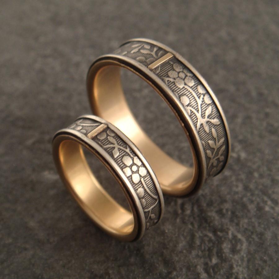 Mariage - Sterling Silver and Gold Wedding Band Set, Womens Wedding Band, Mens Wedding Band, Womens Wedding Ring, Mens Wedding Ring, Aloha Floral Ring
