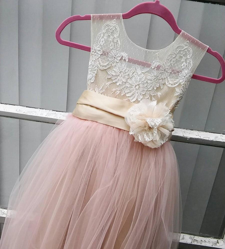 Mariage - Blush pink " Annabelle" flower girl dress, tea length skirt with hand made flower and champagne sash