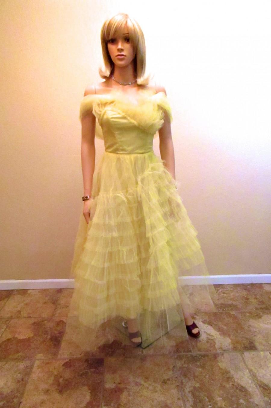 زفاف - Vintage 50s Prom Dress. Emma Domb Strapless Gown. Yellow Satin & Tulle Dress. Mad Men Evening Dress. Tea Length Bridesmaid Dress. Size XXS