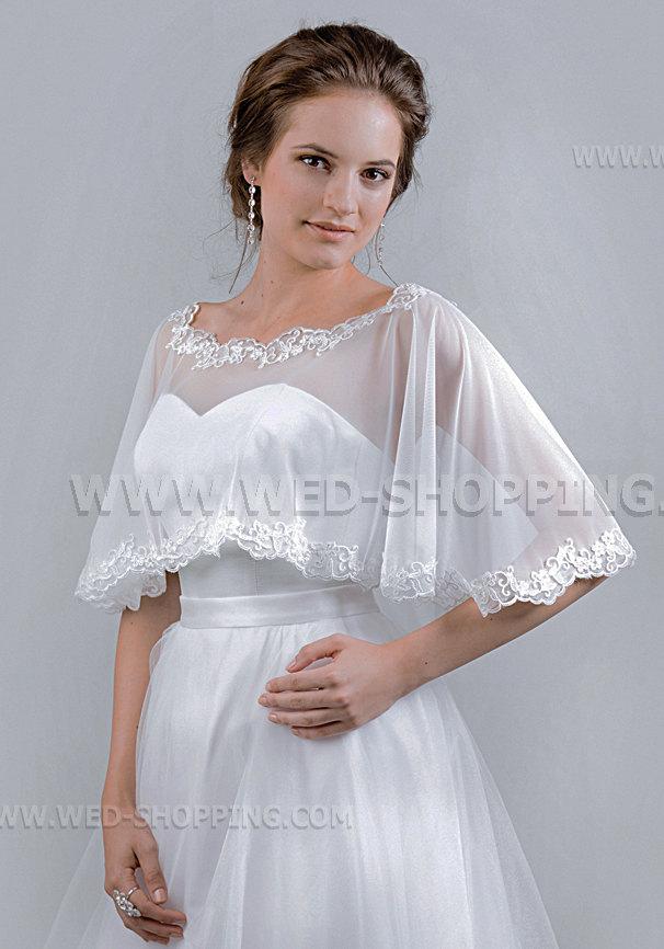 Hochzeit - Wedding Tulle Cape, White or Ivory Bridal Cape with Lace E1514 Capelet Cover Up Shrug