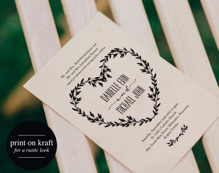 Hochzeit - Wedding Invitation Printable, Rustic Wedding Invitation Template, Wedding Invite, Editable Invitation, Heart, PDF Instant Download 