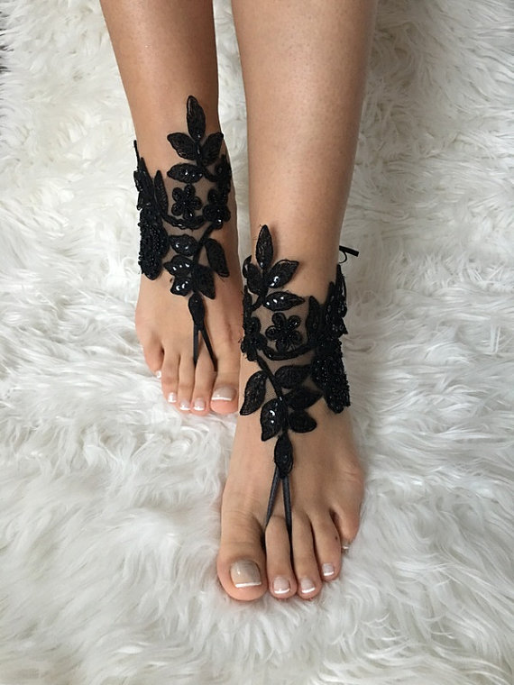 Mariage - FREE SHIP Black lace barefoot sandals, beach wedding, gothic, belly dance, goth wedding, bridesmaid gift, beach shoes