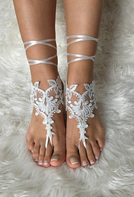 Hochzeit - Ivory lace barefoot sandals, FREE SHIP, beach wedding barefoot sandals, belly dance, lace shoes, bridesmaid gift, beach shoes