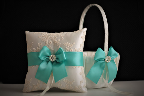 Mariage - Mint Flower Girl Basket & Ring Bearer Pillow Set  Lace Mint Wedding Ring Pillow   Wedding Basket Set