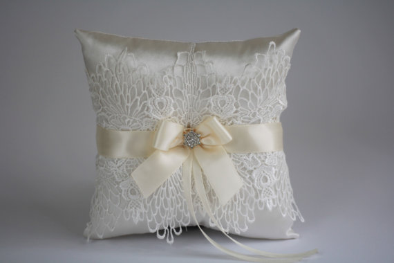 Wedding - Ivory Lace Wedding Ring Bearer Pillow with Flower Girl Basket Set  Ivory Lace Wedding Pillow Basket Set