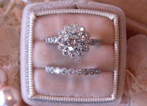Hochzeit - Vintage-Inspired Diamond Halo Wedding Set: Filigree Engagement Ring Mount And Milgrain Bezel Wedding Band, Custom Bridal Set