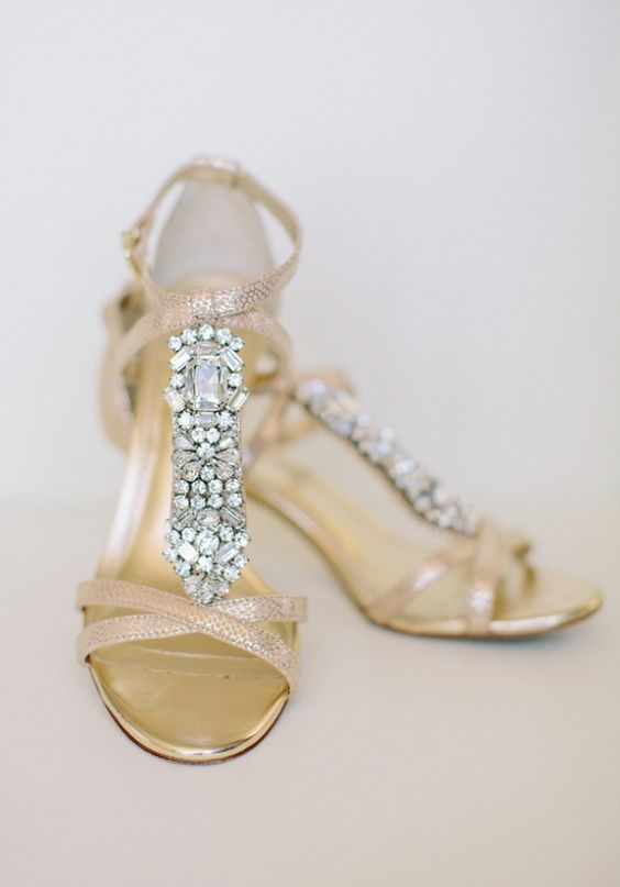 Hochzeit - Jewel Embellished Gold Sandal Wedding Shoes