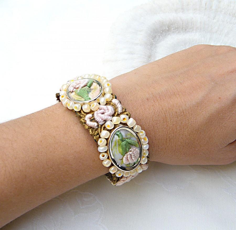 Hochzeit - Bridal Bracelet, Wedding Cuff, Embroidered Floral Shabby Chic Jewelry, Vintage Style Romantic Cuff For Bride, Bridesmaids & Maid of Honor