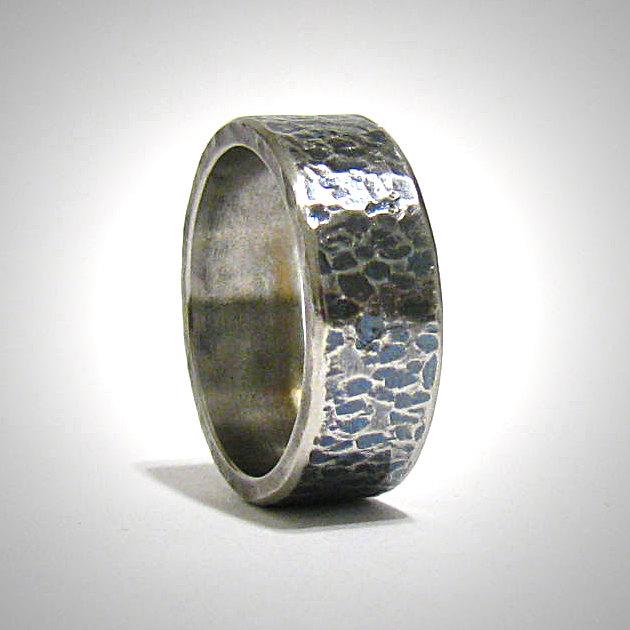 Hochzeit - Mens 8mm Wide Rustic Hammered Oxidized Stainless Steel Wedding Band // Rugged blackened Textured Comfort Fit Wedding Ring