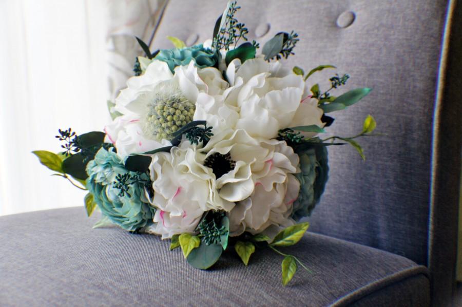 Wedding - Ready To Ship Peony Bouquet, Silk Wedding Bouquet, Teal Boouquet, Wedding Bouquet, Bridal Bouquet, Wedding Flowers, White Bouquet