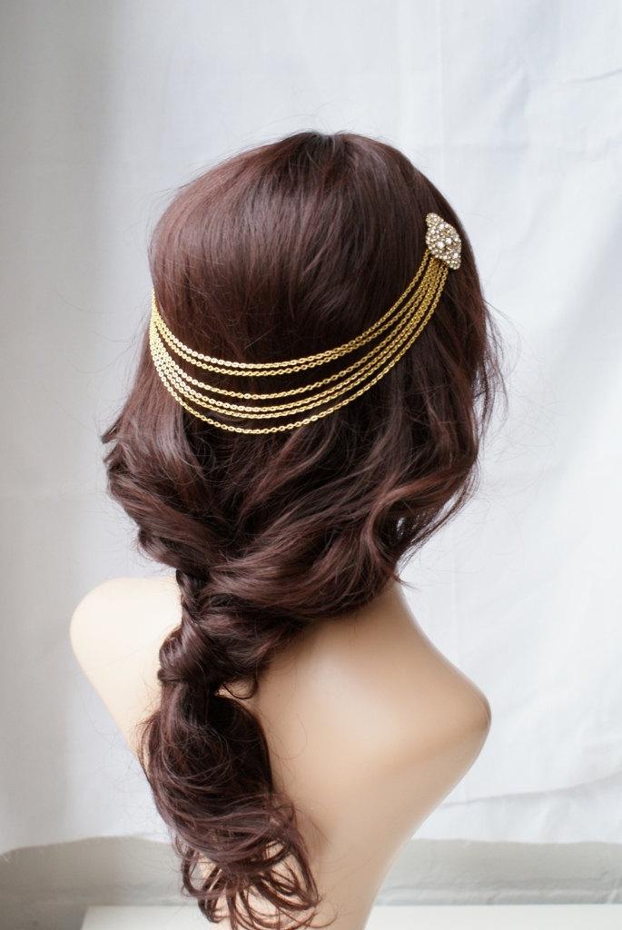 Wedding - Draped Hair chain headpiece in gold-tone, bohemian bridal hair accessory - Wedding headpiece for back of head
