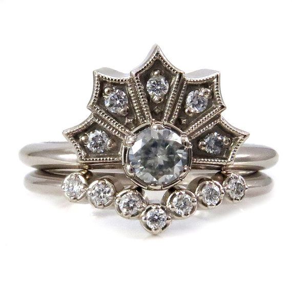 Wedding - Modern Art Deco Engagement Ring Set - Crown Ring With Moissanite And Diamonds Chevron Diamond Wedding Band