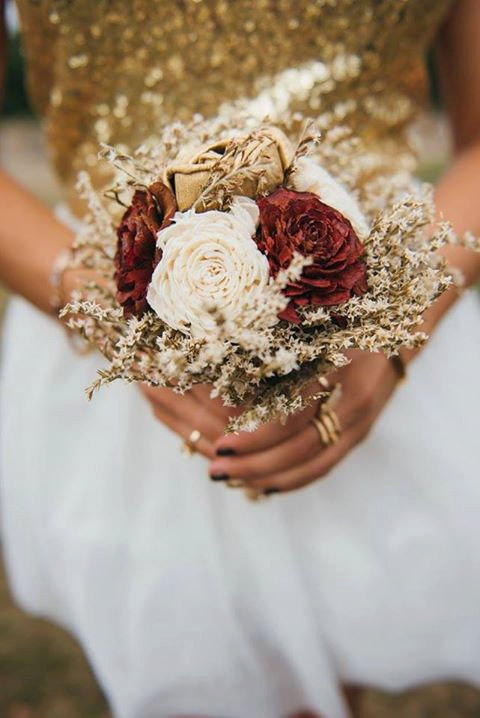 Mariage - Small burgundy ivory gold rustic wedding BOUQUET sola Flowers, dried limonium, Burlap Handle, Flower girl, Bridesmaids, vintage fall toss