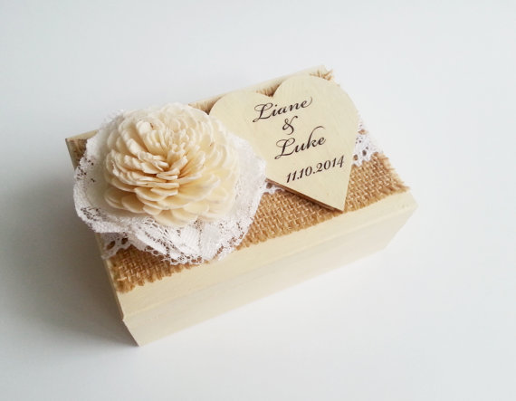 Hochzeit - Cream ecru rustic wedding rings box with heart box writing sola rose burlap vintage wedding cream custom lace woodland