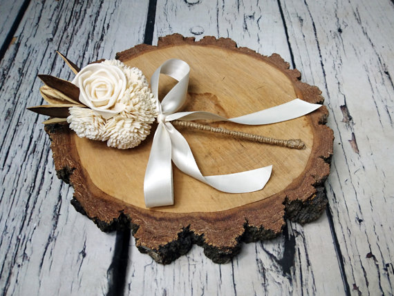 Mariage - Flowergirl wand cream rustic wedding Ivory Flowers, linen cord handle, Flower girl, Bridesmaids, sola roses vintage wedding brown custom