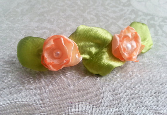 Hochzeit - Barrette wedding hair clip woodland wedding delicate peach hand made silk flower faux pearls