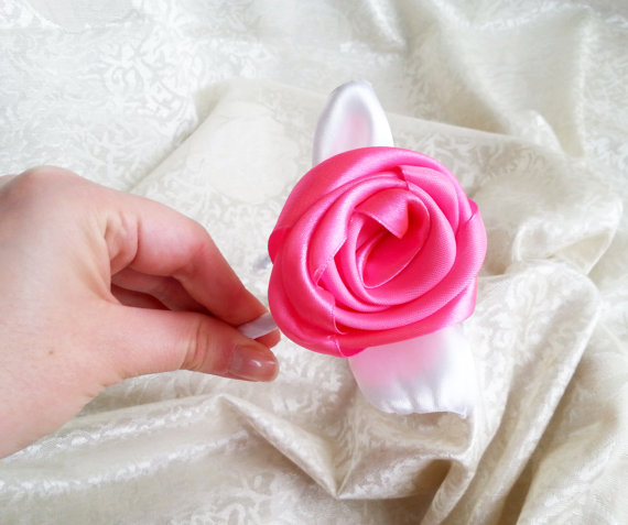 Hochzeit - Hot pink and white headband with handmade satin flower flower girl bridesmaid hair accessories