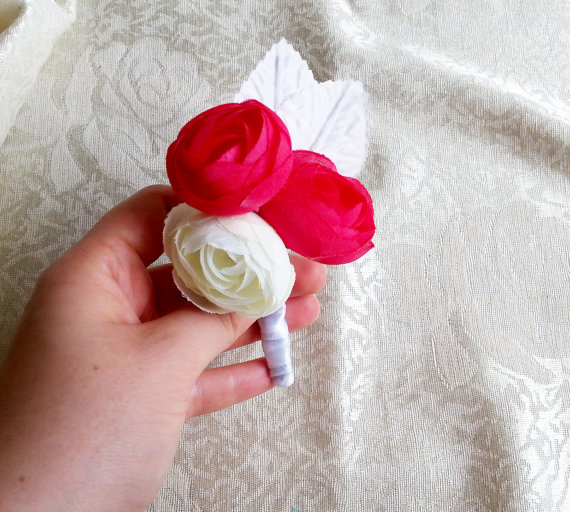 Wedding - Rose pink off white peonies flower wedding BOUTONNIERE custom corsage satin ribbon peony