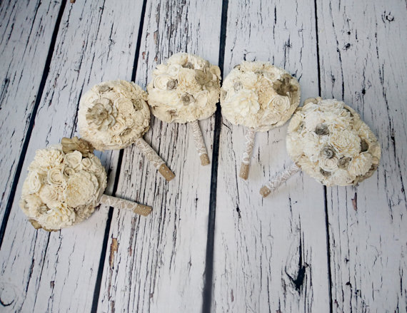 Hochzeit - SET OF 5 Small cream rustic wedding BOUQUETS Ivory Flowers, Burlap Handle, Flower girl, Bridesmaids, sola roses vintage wedding small toss