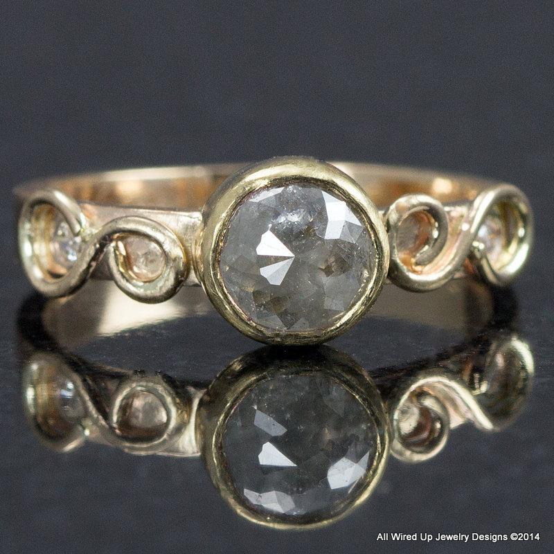 زفاف - Rose Cut Diamond Ring - 14k Gold Raw Diamond Engagement Ring - Gray Diamond Ring