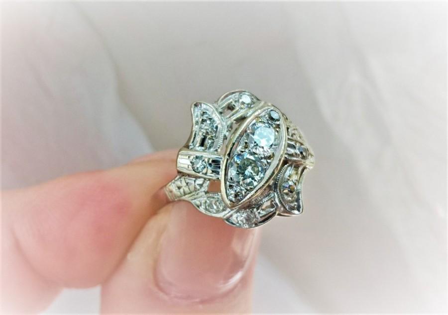 Hochzeit - 1940s Milgrain Art Deco Retro Transitional Cut Diamond .30 TCW 14K WG Engagement April Birthstone Right Hand Statement Ring Vintage Estate